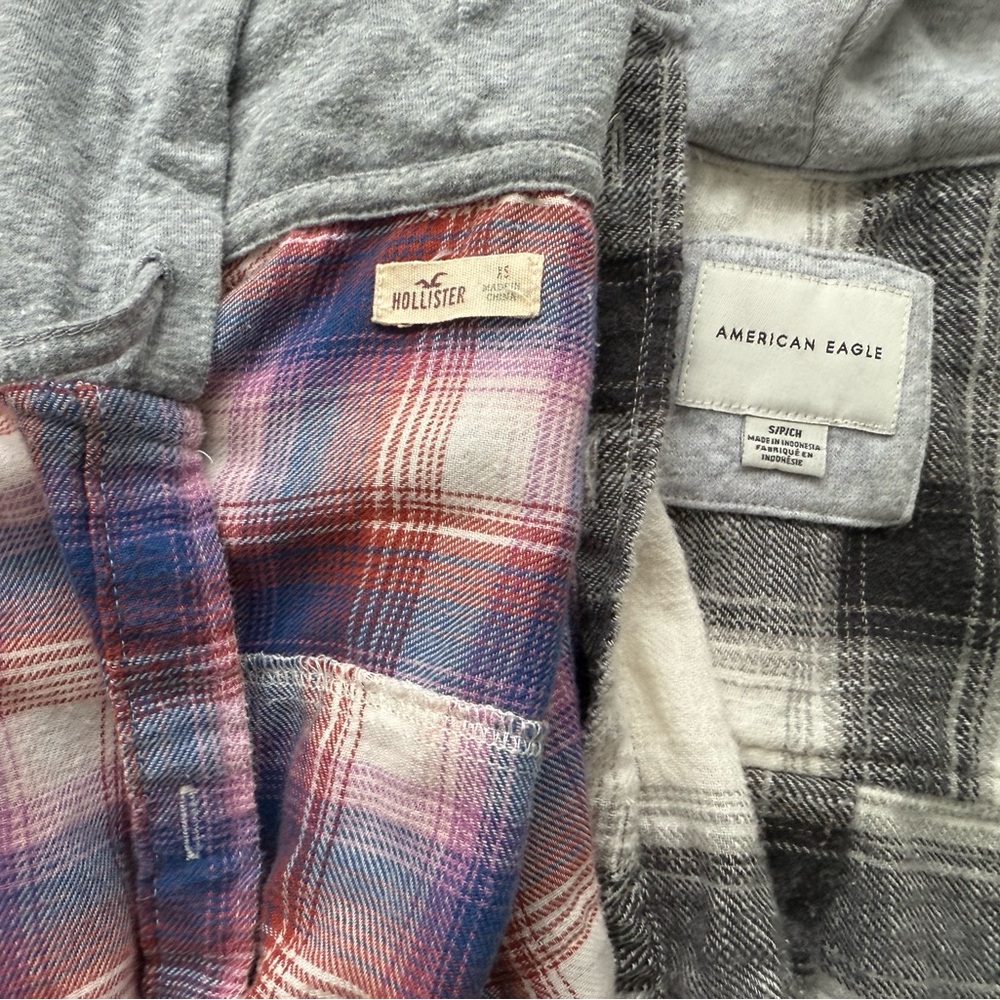 Pair of Plaid Flannel Hoodie Button-Up Shirts, Hollister & American Eagle XS S